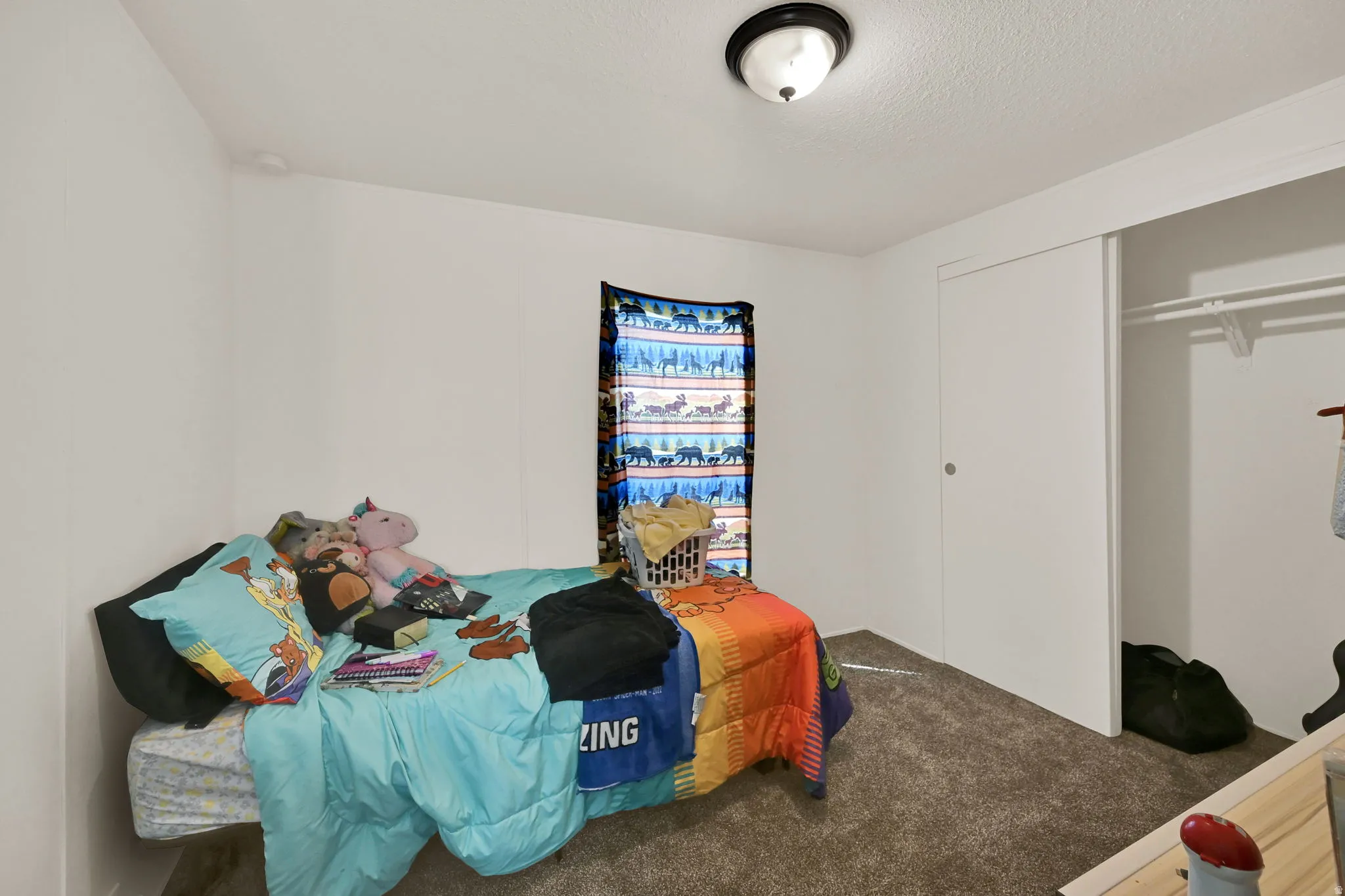 White walls, textured ceiling, and gray carpet flooring