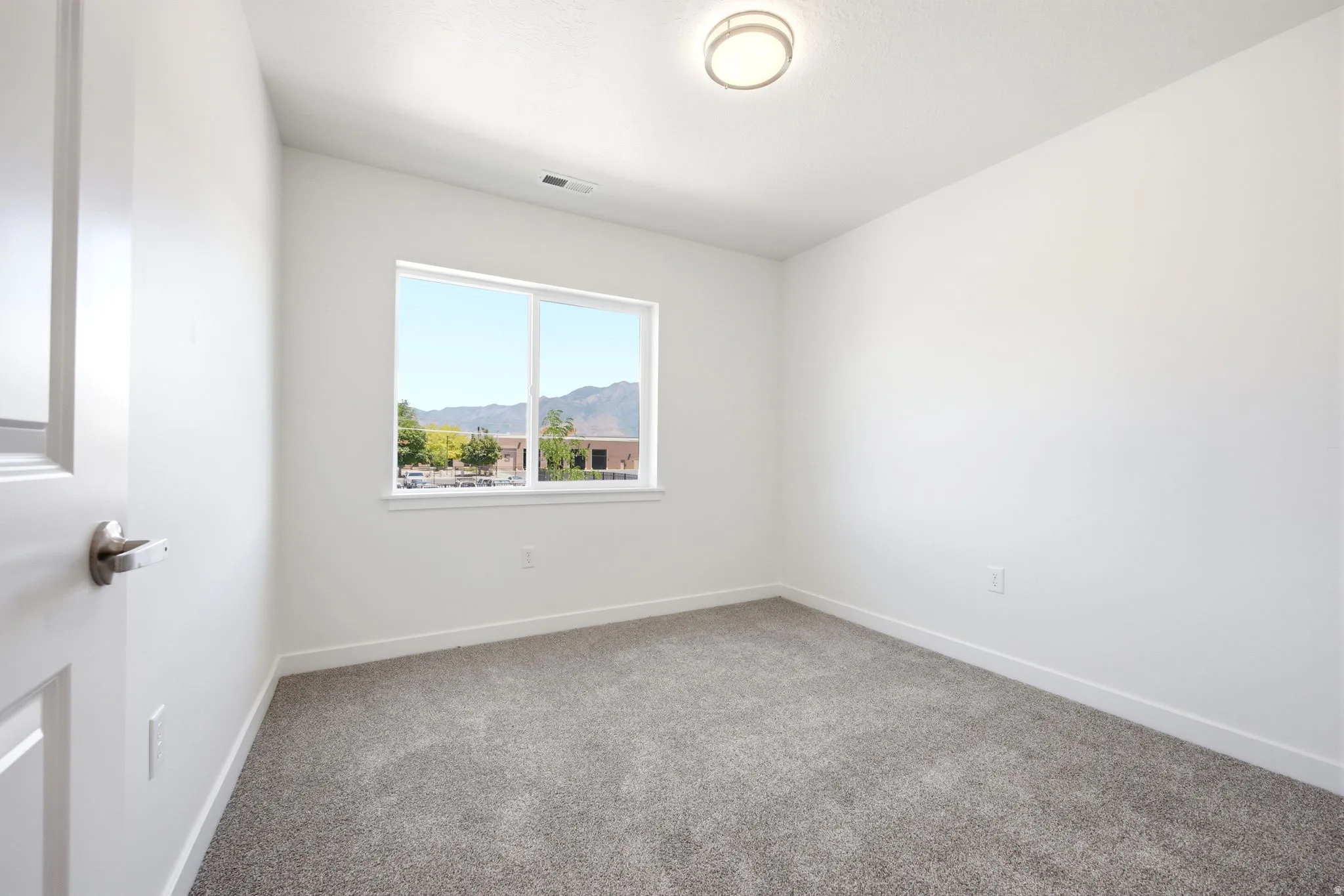 Bright room featuring a window with a mountain backdrop, neutral carpeting, white baseboards, and a flush mount ceiling light