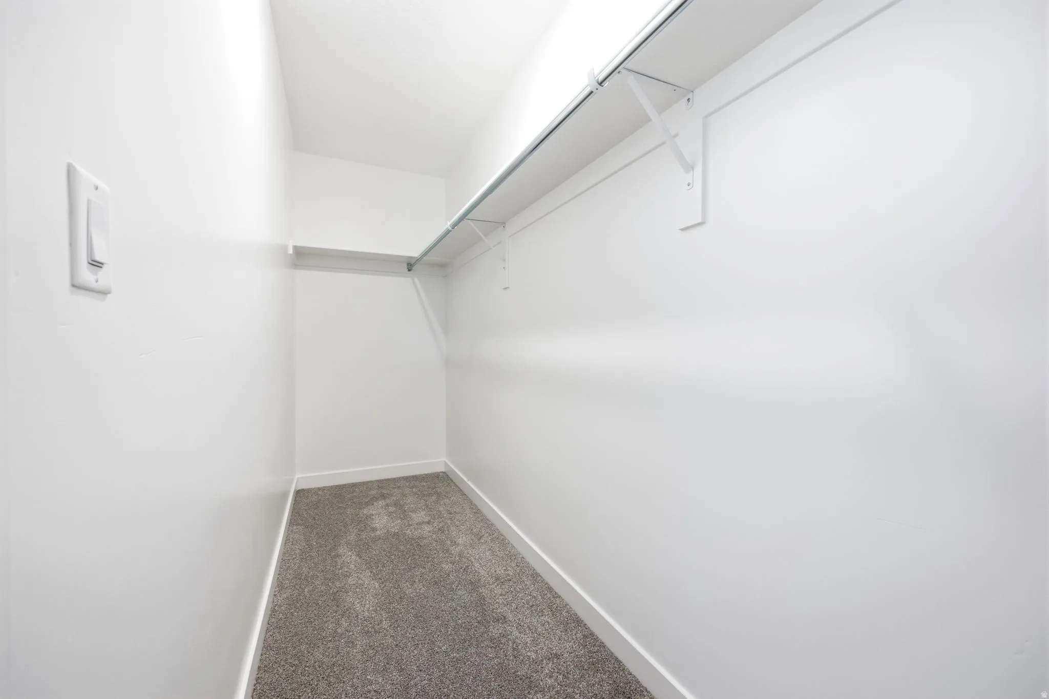 Walk-in closet featuring light gray carpeting, white walls, and a built-in shelving system with a hanging rod