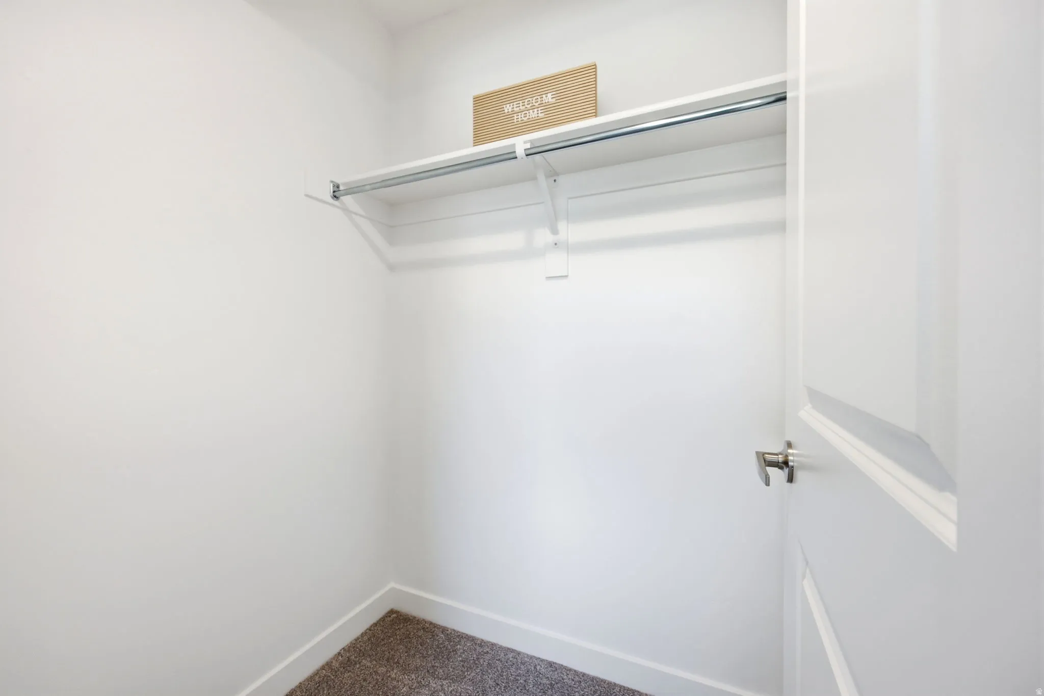 Interior closet featuring a built-in shelf and clothing rod, white walls, and carpeting