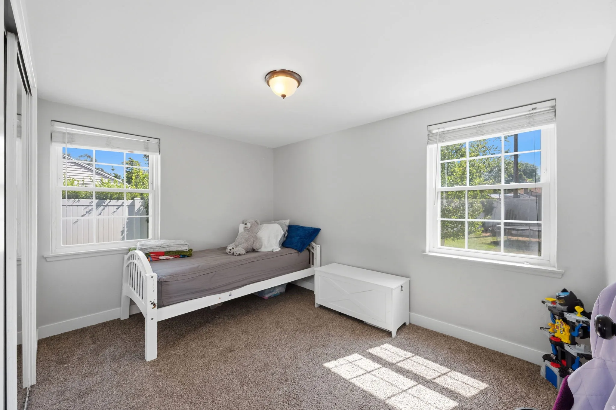 Bright interior space featuring two large windows with white trim, neutral-toned walls, and plush carpeting