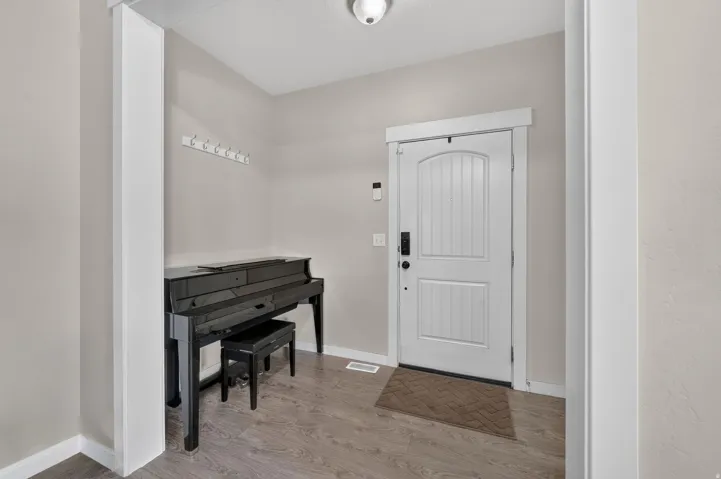 Entryway featuring wood-finish flooring, a white paneled door with an arched top panel, and a modern ceiling light fixture