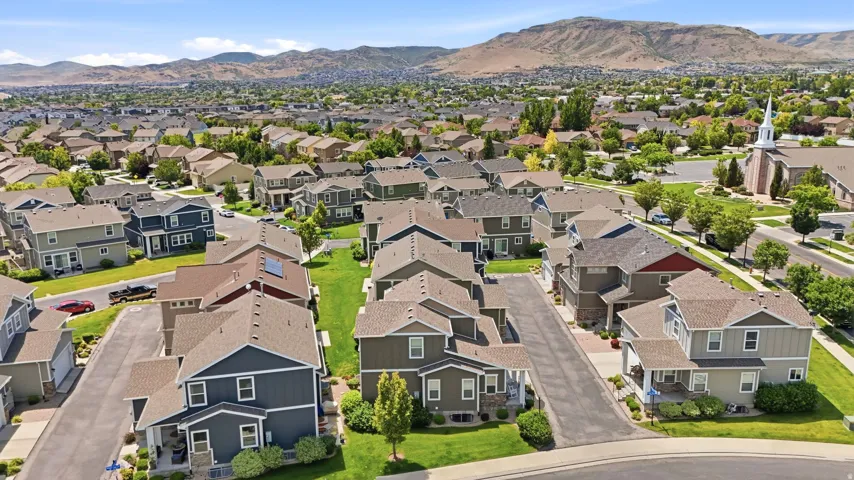 Aerial perspective showcasing a residential community with varied architectural styles