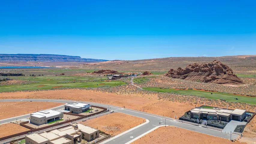 Aerial perspective showcasing a modern residential community with diverse home designs