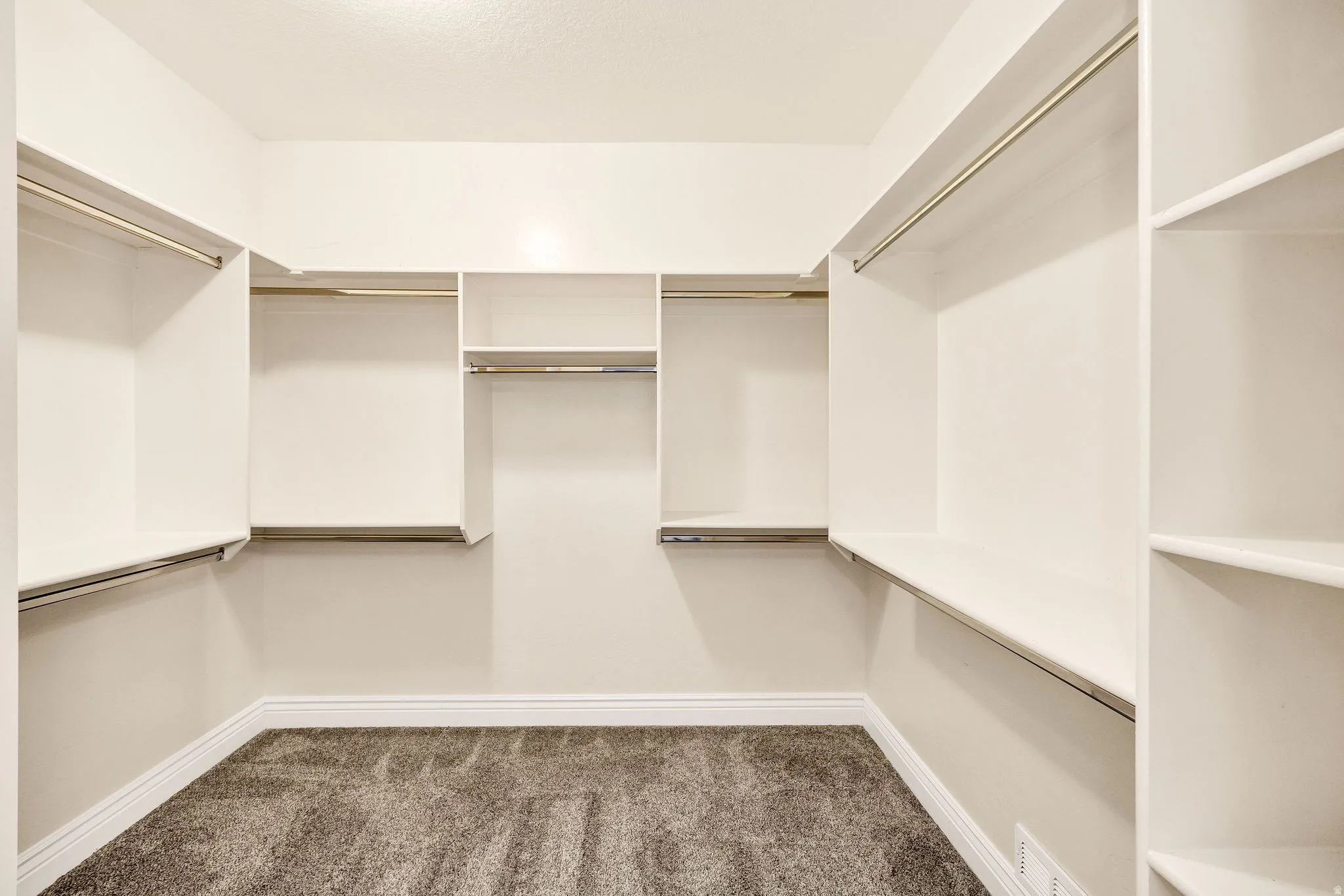 Primary walk-in closet featuring built-in shelving, multiple hanging rods, and plush carpeting