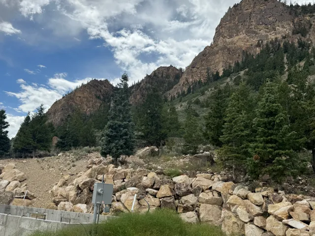 Mountainous terrain with evergreen trees and natural rock formations