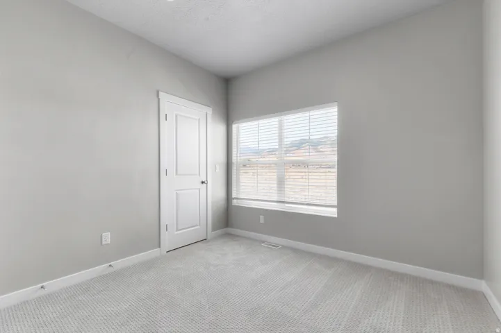 Light gray wall paint, white trim, light gray carpet flooring, white paneled door, horizontal blinds