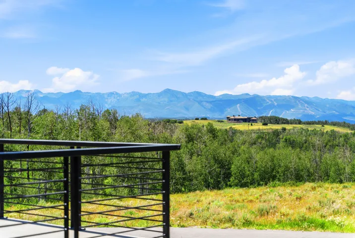 Deck with black metal railing overlooking expansive green landscape and distant mountains