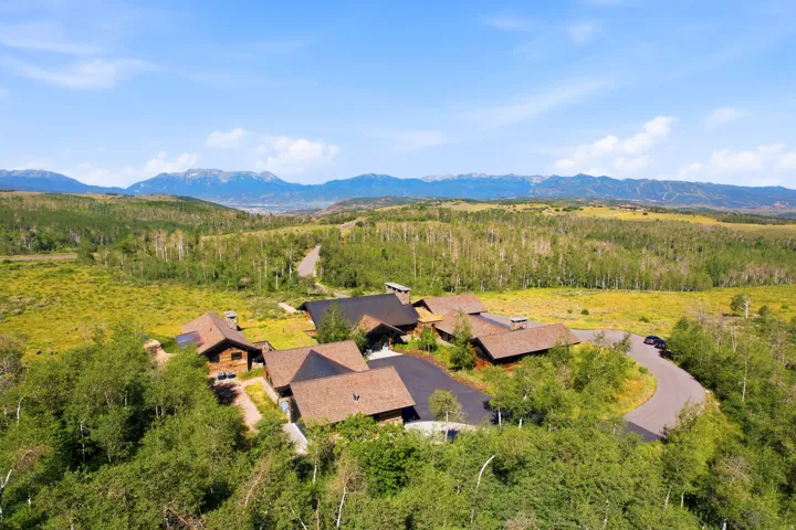 Expansive property featuring multiple buildings with dark brown shingle roofs and natural wood siding, surrounded by mature deciduous trees and open fields
