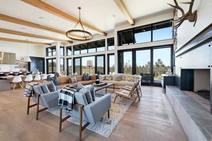 Spacious living area featuring exposed wood ceiling beams, wood-finish flooring, a contemporary fireplace with a stone hearth, and extensive black-framed windows and glass doors