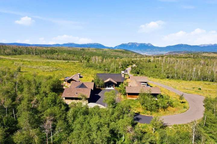 Expansive property featuring multiple structures with dark roofs and natural wood siding, surrounded by mature trees and rolling green terrain