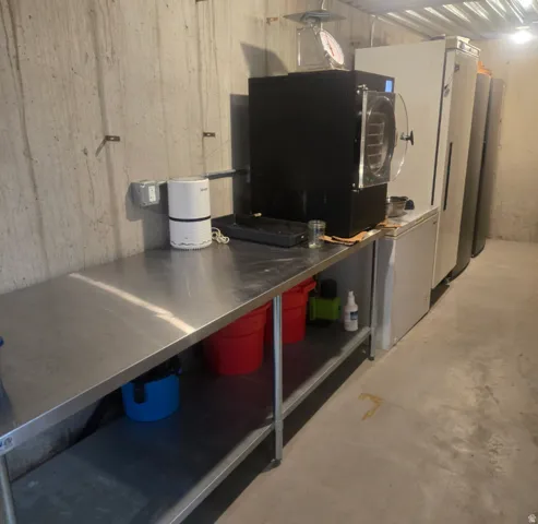 Concrete flooring with a stainless steel utility table, exposed concrete walls, and overhead lighting