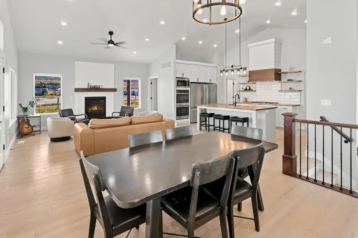 Open-concept interior featuring light wood-finish flooring