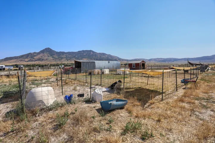 Expansive outdoor space featuring wire fencing, a red storage shed, and a large metal outbuilding