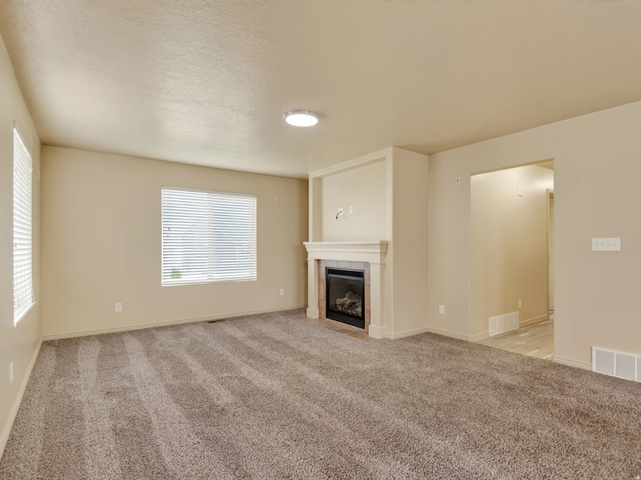Living area featuring a fireplace with a white mantel, neutral carpeting, and two windows with horizontal blinds