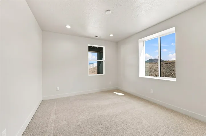 Neutral color palette with carpet flooring, recessed lighting, and two windows
