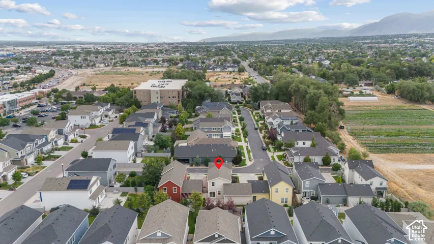 Aerial view of a residential community featuring diverse home styles and pitched roofs