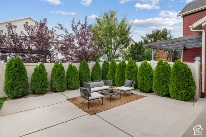 Expansive concrete patio with a perimeter of mature evergreen shrubs and a light-toned privacy fence