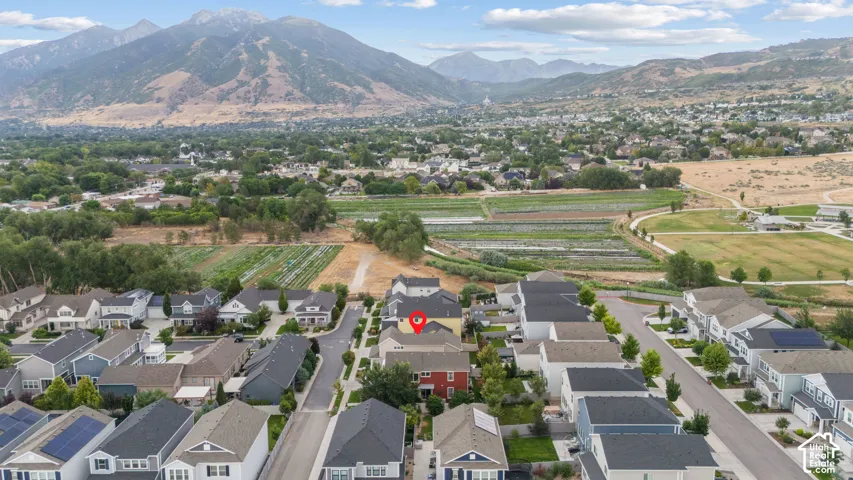 Aerial perspective showcasing a residential area with a mountain backdrop