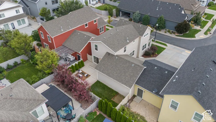 Aerial perspective showcasing a residential neighborhood with diverse architectural styles