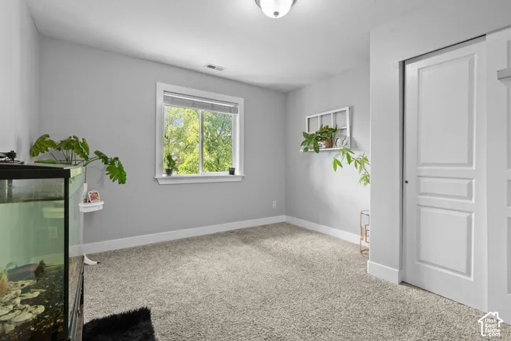 Carpeted room featuring a white-trimmed window, light grey walls, white baseboards, and a flush-mount ceiling light