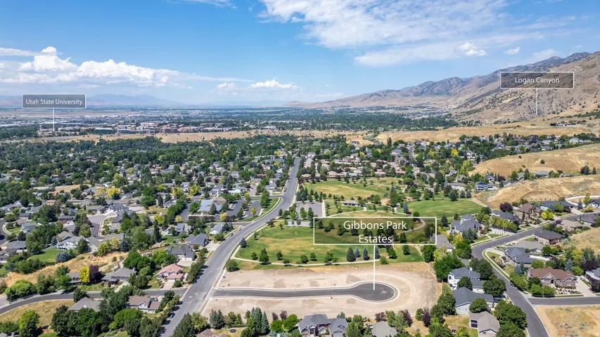 Aerial perspective showcasing a residential area with established homes and mature trees