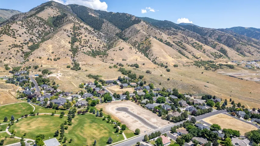 Aerial perspective showcasing a residential community with established homes, green spaces, and undeveloped lots