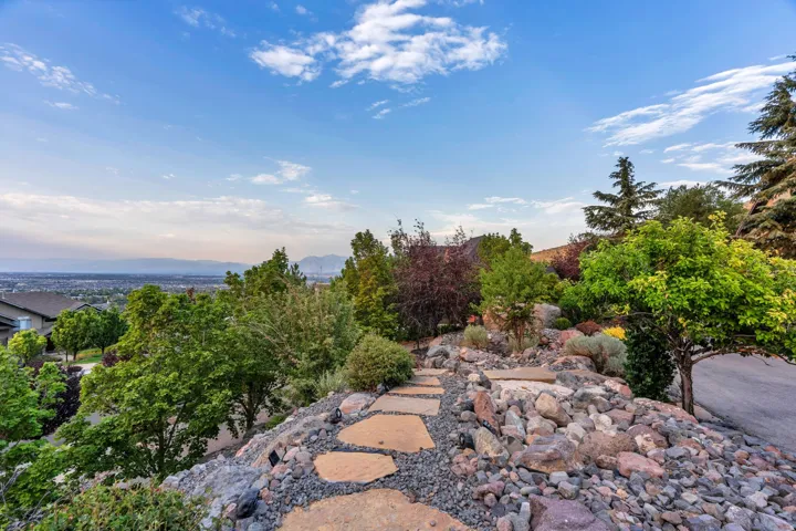 Stone pathway surrounded by mature trees and varied landscaping