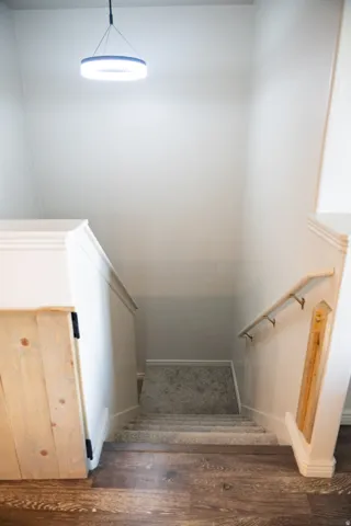 Modern ceiling light fixture illuminating a carpeted stairway with a wood-finish flooring landing