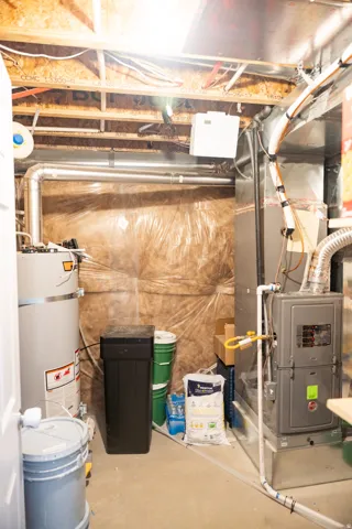 Utility area featuring a water heater, water softener, and furnace