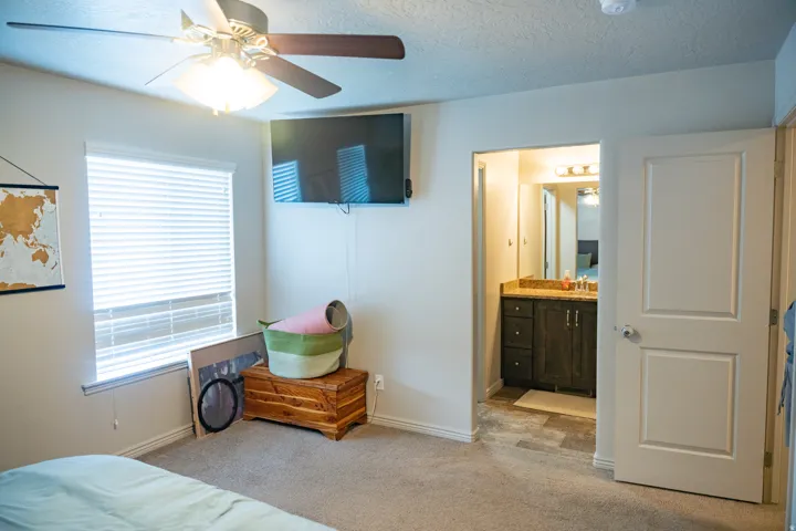 Carpeted room with a ceiling fan light fixture and a window with blinds
