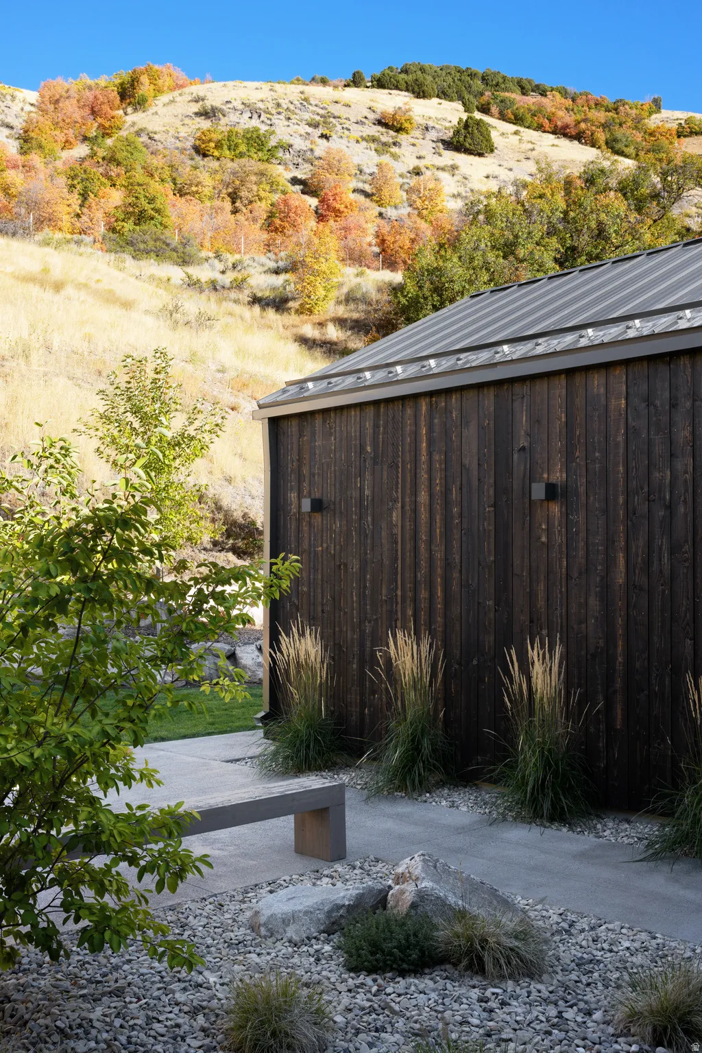 Wood-paneled exterior featuring a gray metal roof, modern outdoor lighting, and an adjacent concrete patio