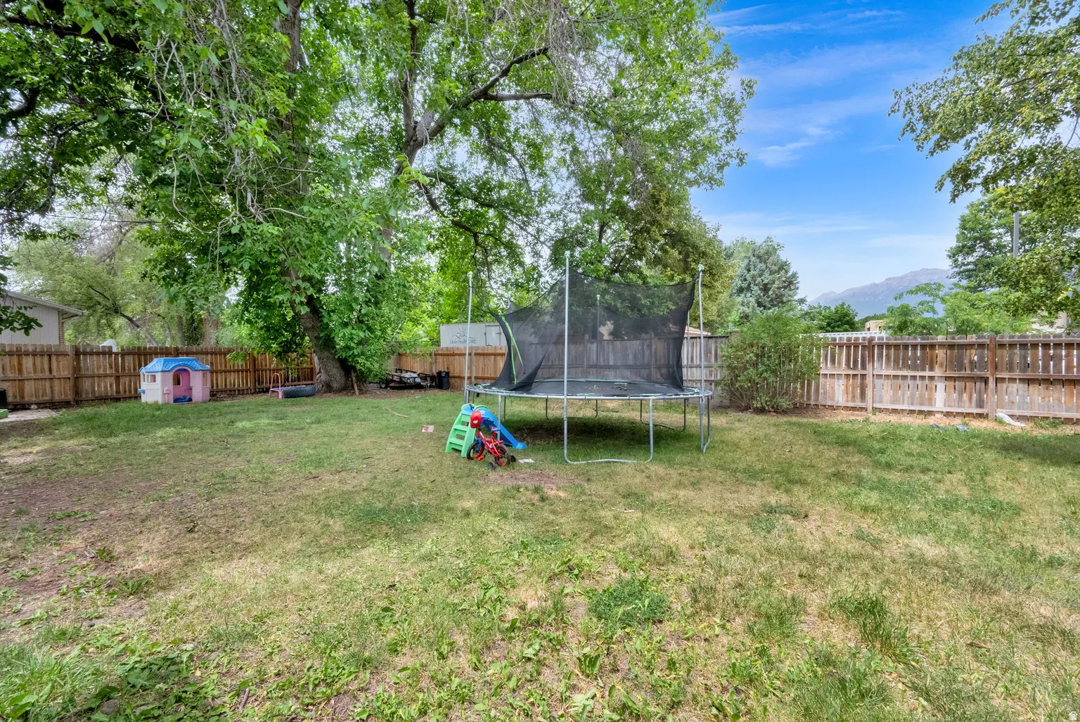 Spacious backyard featuring a large mature tree providing natural shade, a full perimeter wood fence, and distant mountain scenery