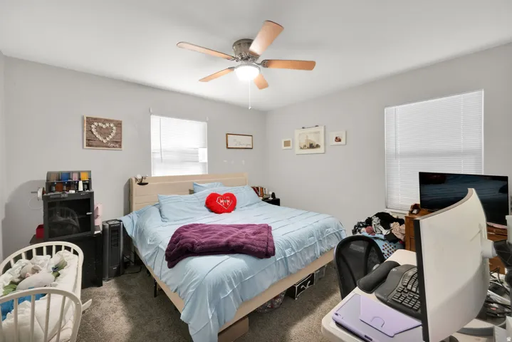 Bedroom with neutral gray walls and carpeting