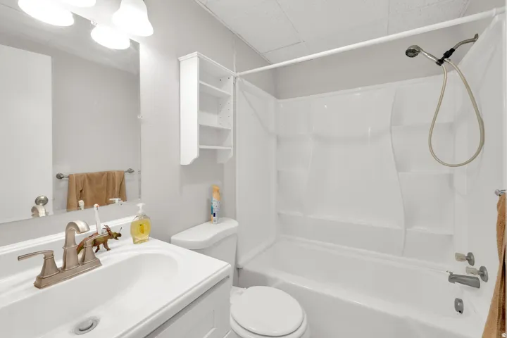 Bathroom featuring a single vanity with brushed nickel fixtures, a built-in medicine cabinet, and a white shower/tub combination with a handheld showerhead