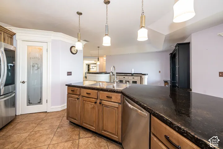 Kitchen island featuring a double basin stainless steel sink with a gooseneck faucet, black speckled countertop, and integrated stainless steel dishwasher