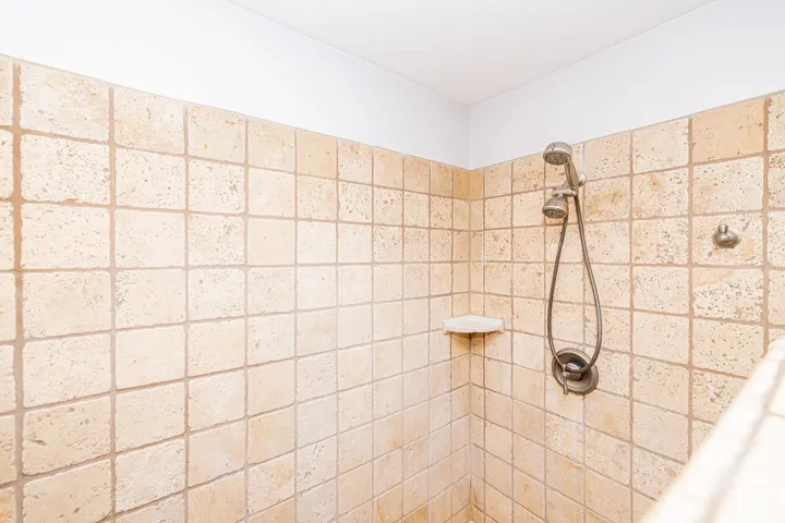 Master shower stall featuring light-toned tile walls, a handheld showerhead with a separate fixture, and a corner shelf