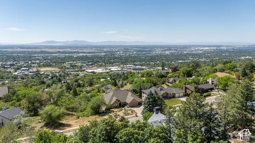 Hillside property featuring a multi-level design, attached garage, and mature landscaping