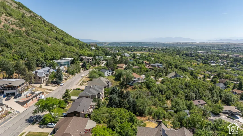 Hillside community featuring a prominent mountain backdrop, extensive mature tree coverage, and a paved road