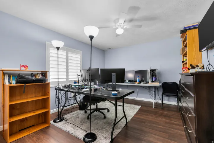 Interior space featuring wood-finish flooring, light blue wall paint, and a ceiling fan with integrated lighting