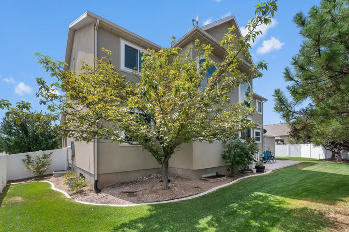 Expansive rear yard featuring a manicured lawn, established trees, and a concrete patio