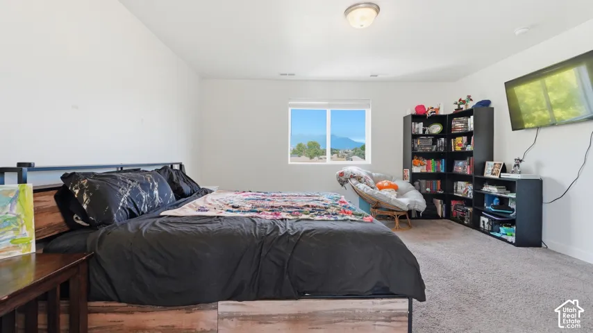 Large carpeted bedroom with a window showing a mountain view