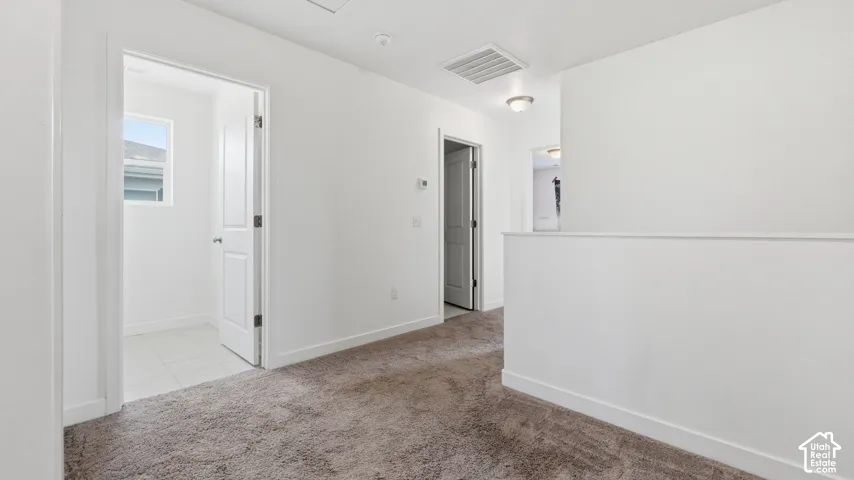 Carpeted hallway with tile bathroom entry and multiple doors leading to bedrooms and storage.