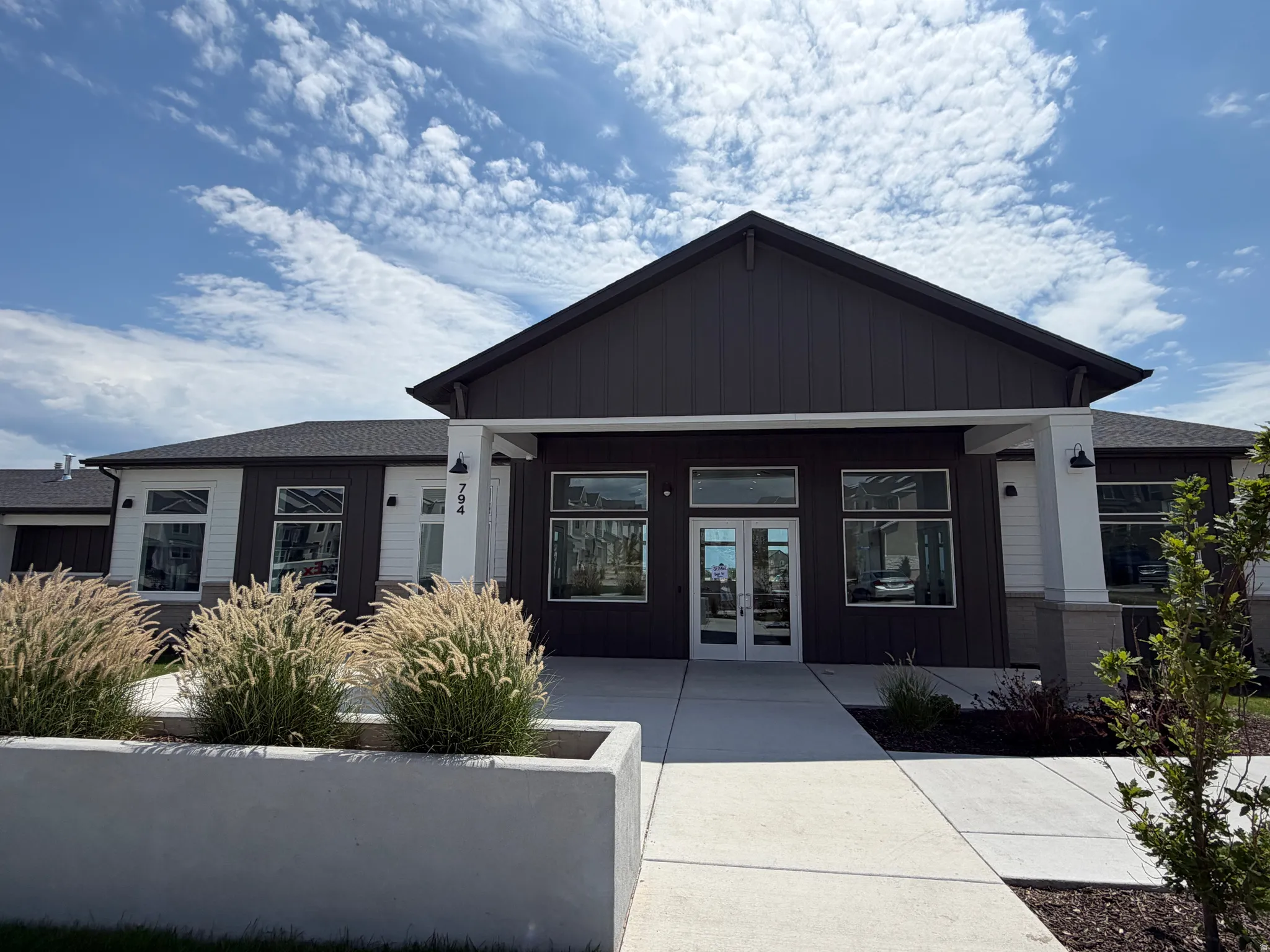 Contemporary exterior featuring dark vertical siding and white accent panels
