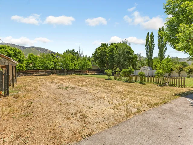 Expansive lot featuring a partial concrete driveway, mature perimeter trees, a wood privacy fence, and a distant mountain backdrop