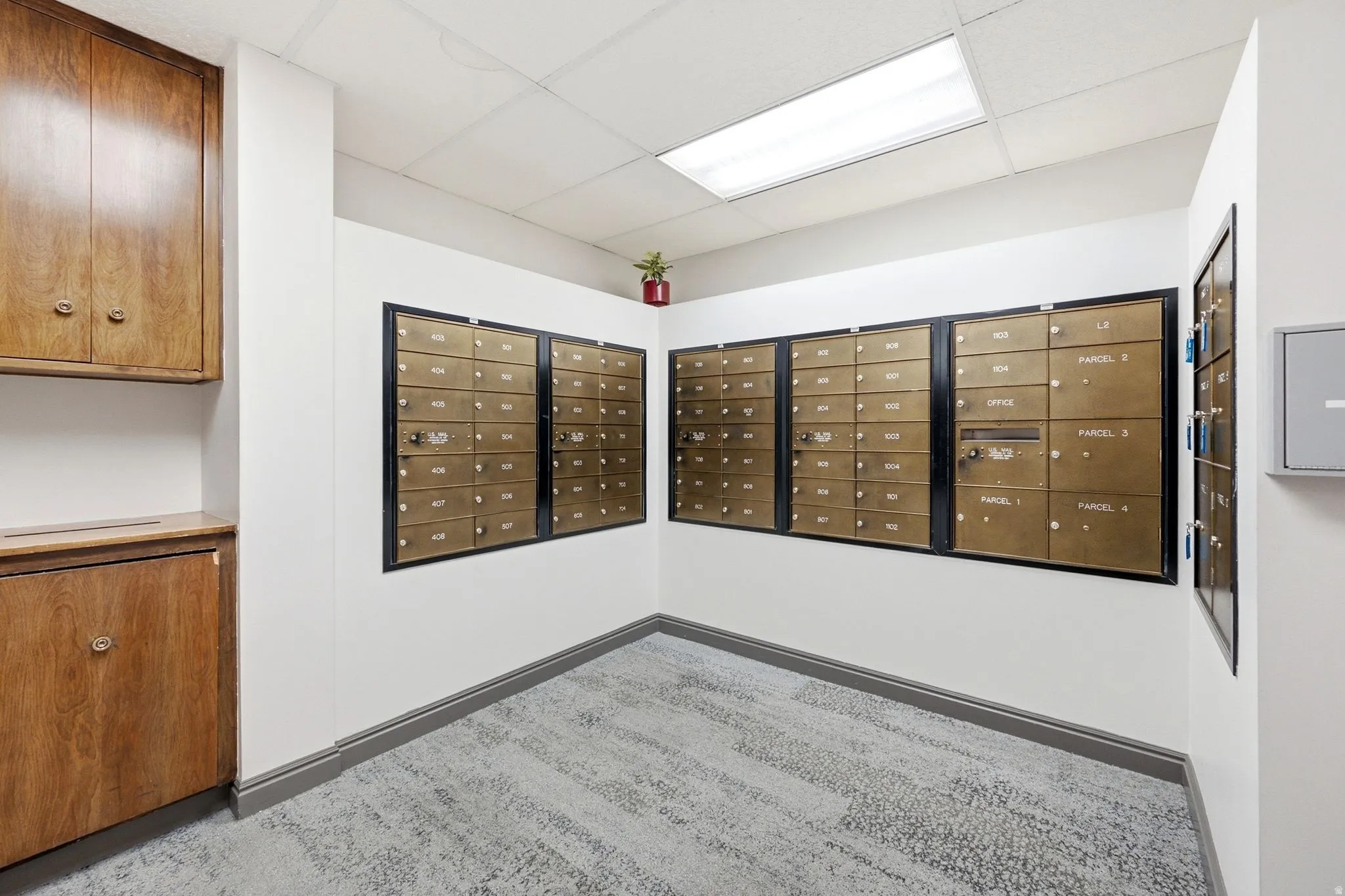 Communal mail area featuring multiple brass mailbox units, neutral wall paint, and recessed fluorescent lighting