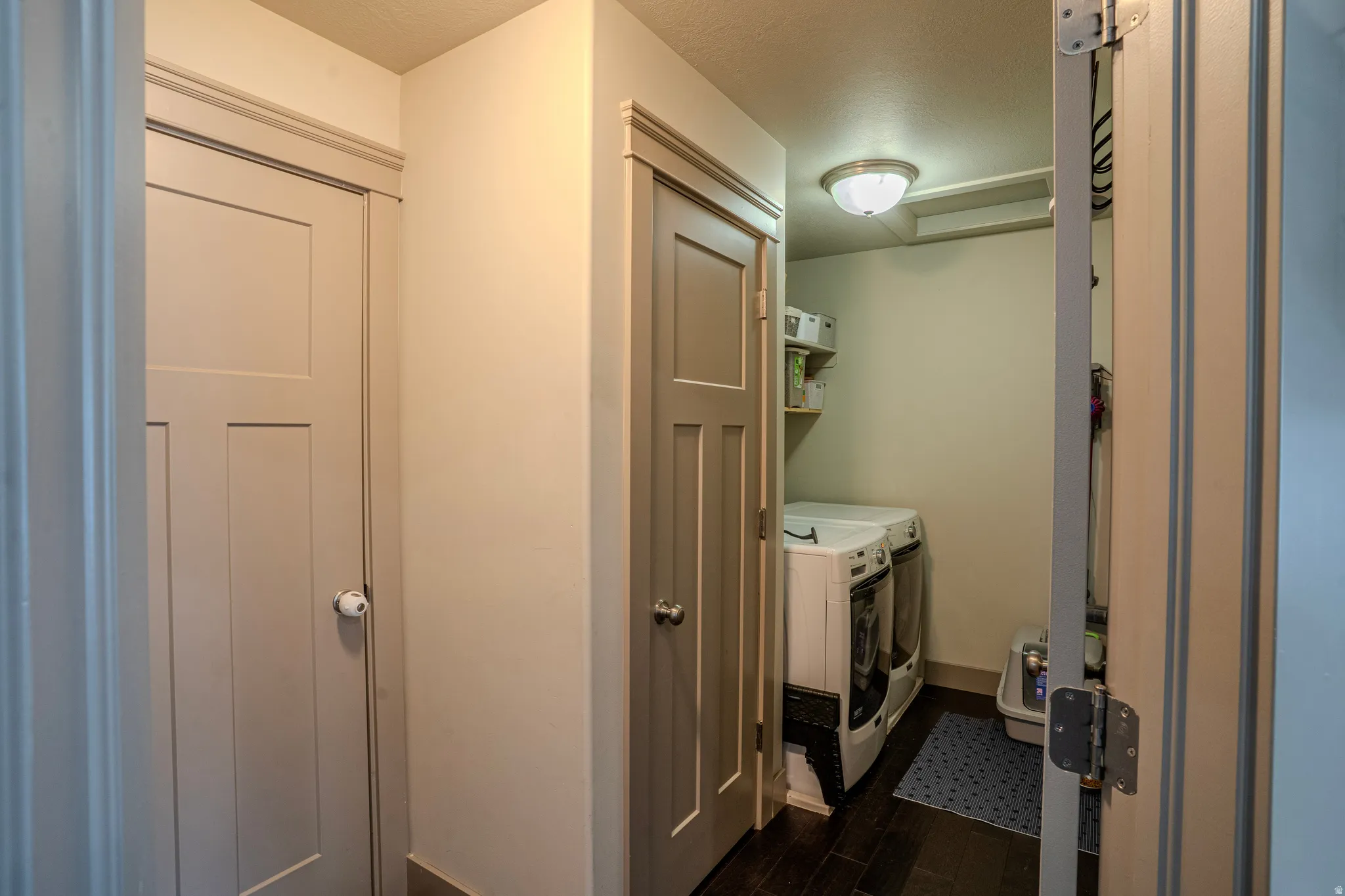 Dedicated laundry alcove featuring dark wood-finish flooring, built-in shelving, and a dome ceiling light fixture