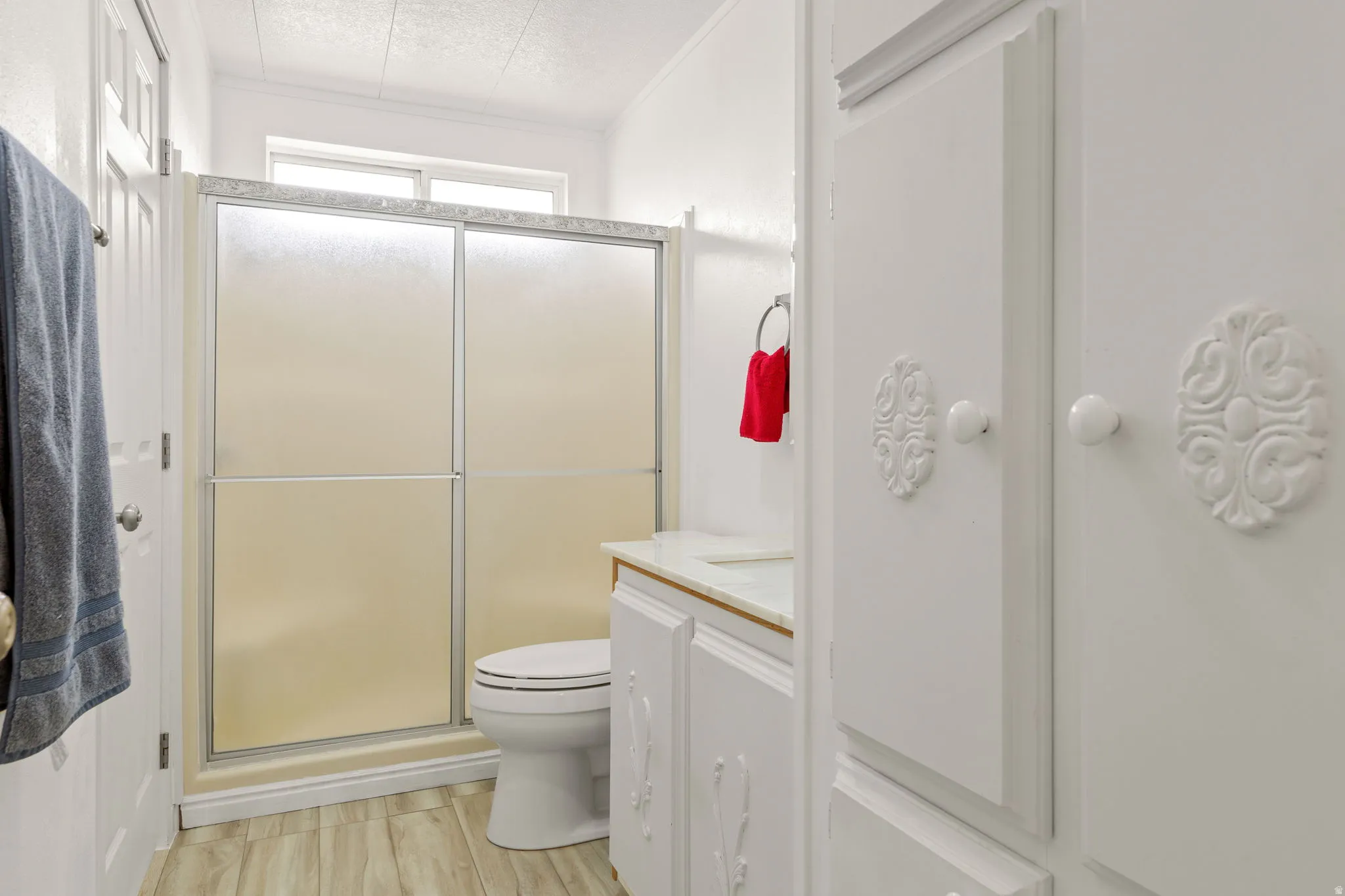 Bathroom featuring a sliding glass shower enclosure, wood-finish flooring, and a single vanity with a white countertop