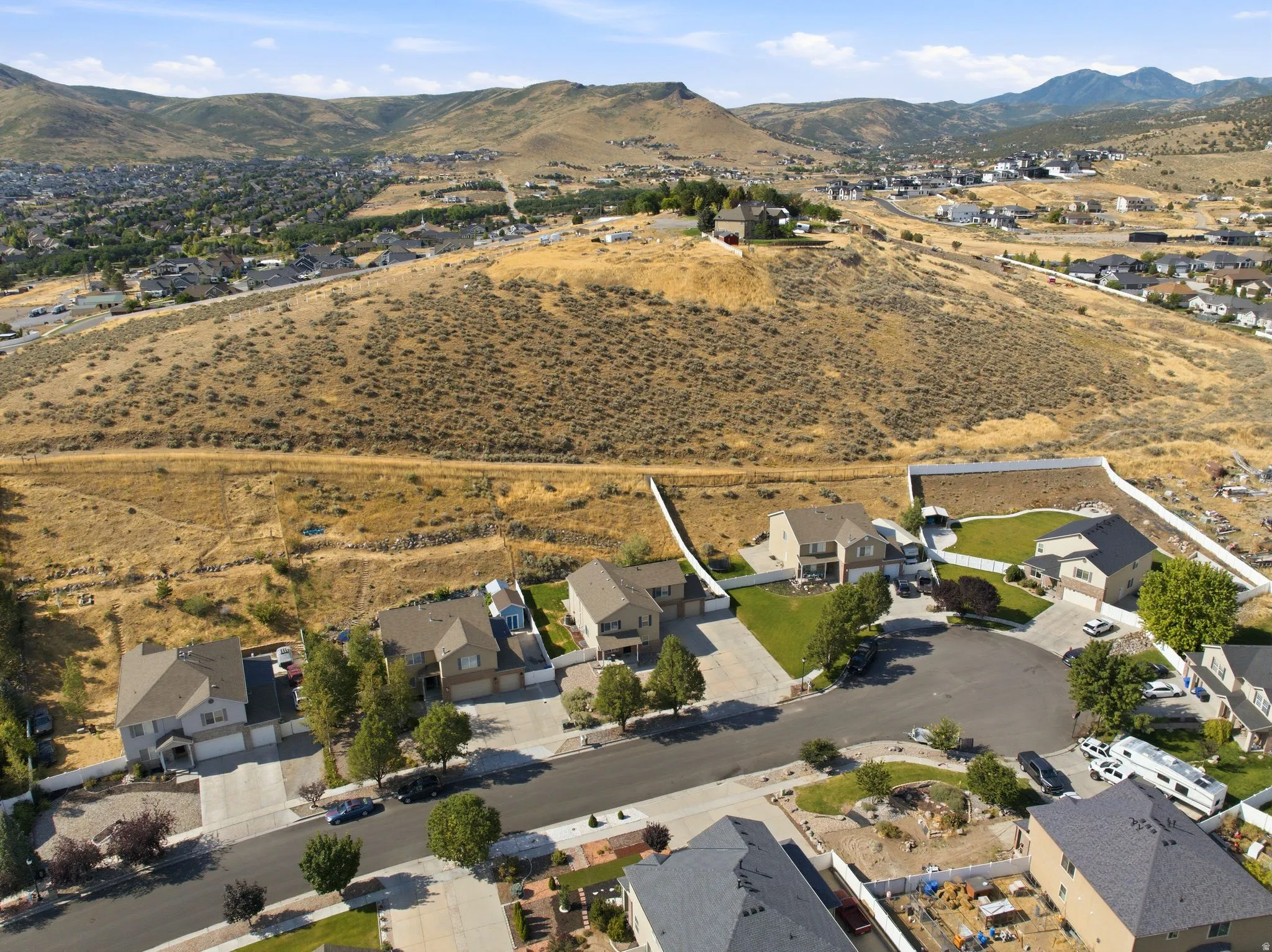 Residential neighborhood with single-family homes and landscaped yards