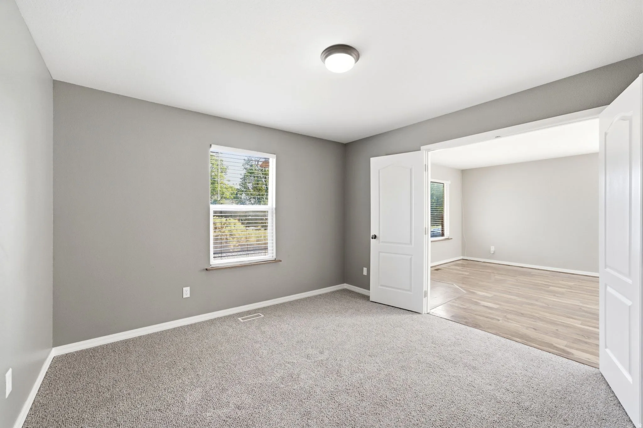 Carpeted room with neutral gray walls and white trim